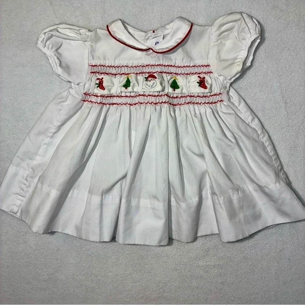 Vtg Imperial Smocked Christmas White & Red Dress Embroidered Ribbon 18mos